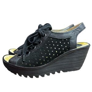 Fly London Black Leather Wedge Lace Up Sandals Open Toe Size 39 EU